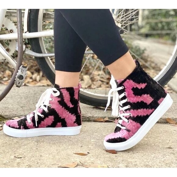 Elysian Shoes - ELYSIAN Emily Morrison Ankara Ikat Silk Velvet High Top Sneakers 38 Pink Black
